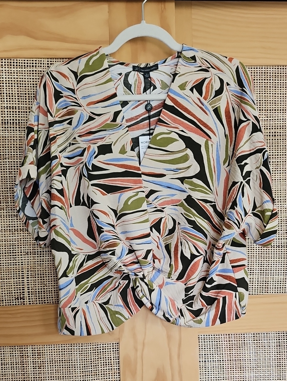 NWT Nordstrom Printed Twist-Front Blouse - Multicolor Leaf Print, L